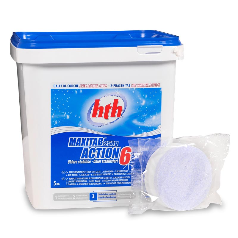 Повільнорозчінні+шок комплексні хлорні таблетки hth 6в1 5кг, 250г (Франція)